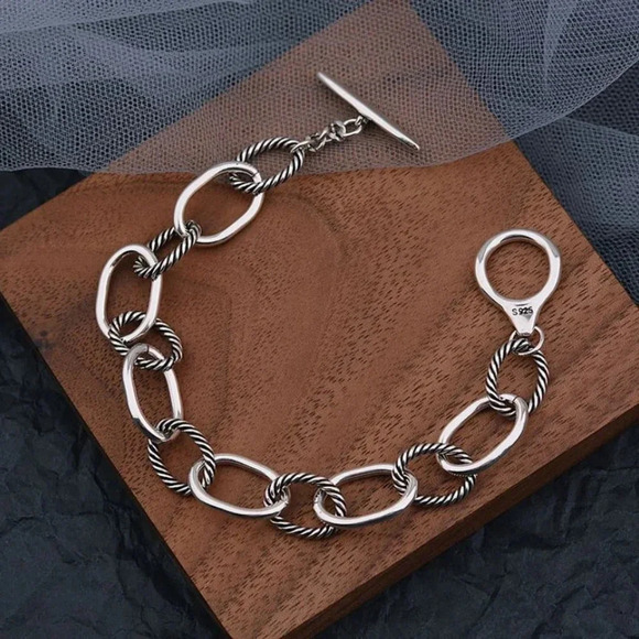 Chunky 925 Sterling Silver Bracelet Thick Silver Toggle Chain Link Bracelet - Picture 1 of 5